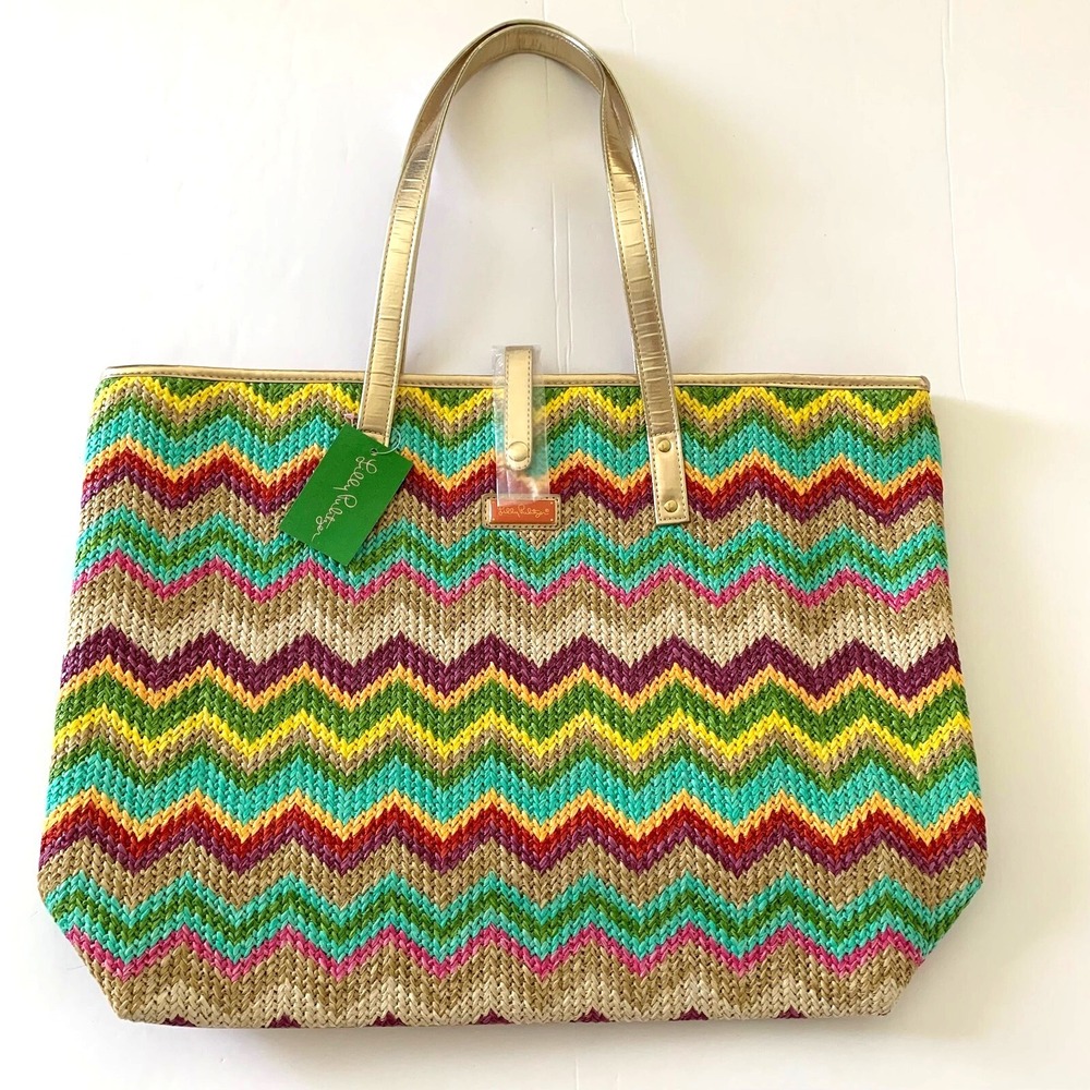 NWT Lilly Pulitzer Spring  Fling Zig Zag Straw Raffia‎ Tote Bag Woven Chevron